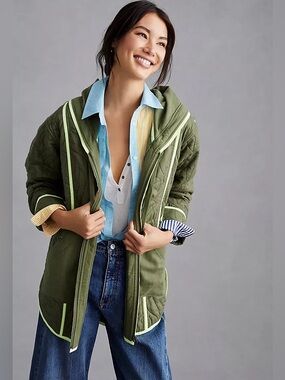 Daily Practice - Anthropologie - Olive Quilted Hooded Jacket with Light Trim